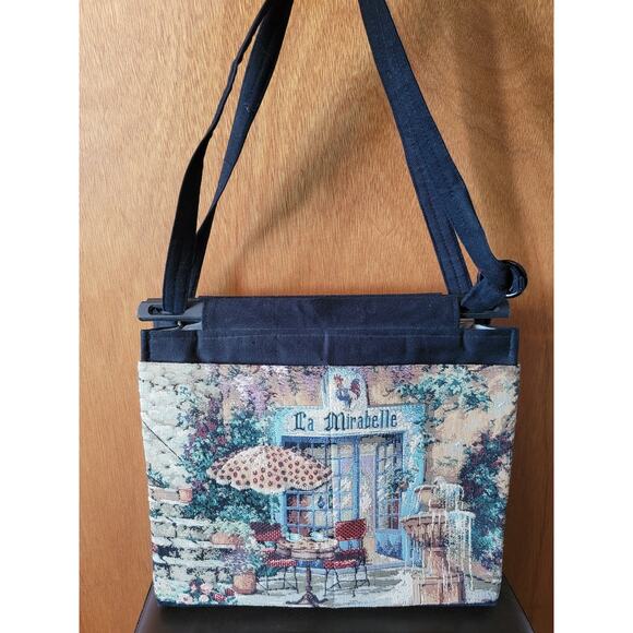 Vintage 70s Toby Weston Tapestry Adjustable Knit Bag "La Mirabelle" Cafe Scene - Picture 2 of 5
